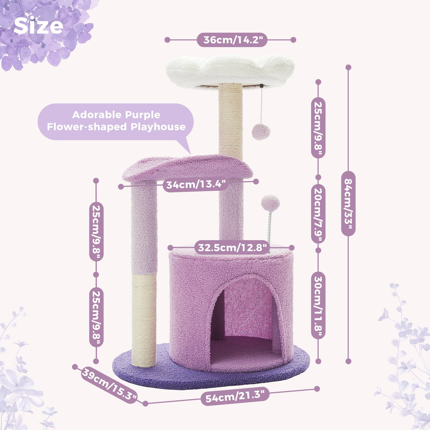 Flower Cat Tree with Large Condo, Cat Tower for Indoor with Sisal Scratching Post, Curved Platform, Perch Condo, H84 cm