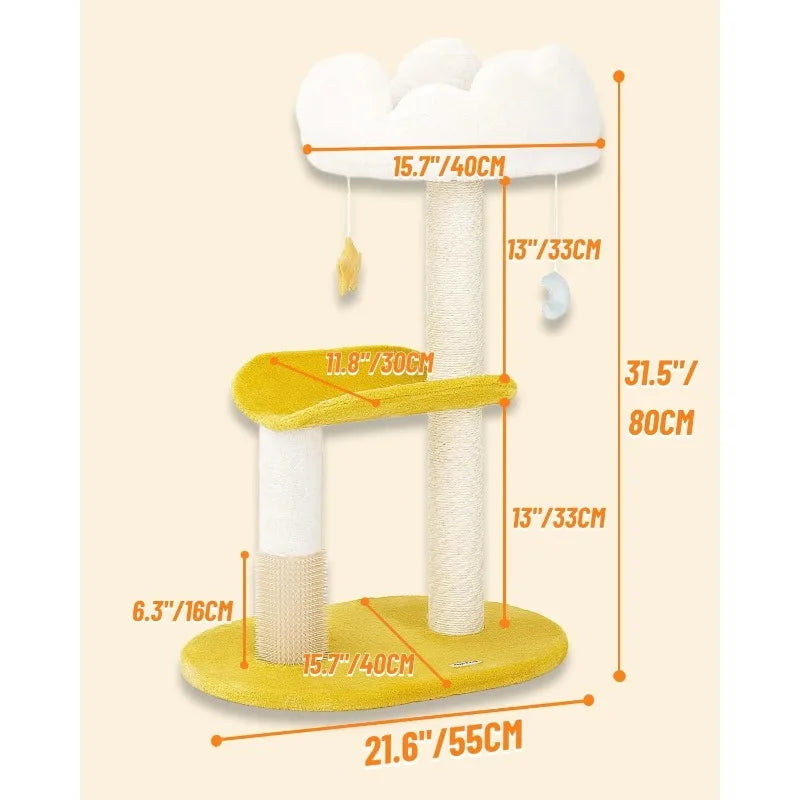 Cloud Cat Tree, 31.5in Multi-Level Indoor Cat Tower with Scratching Posts, Viewing Perch, Removable & Washable Cushions,