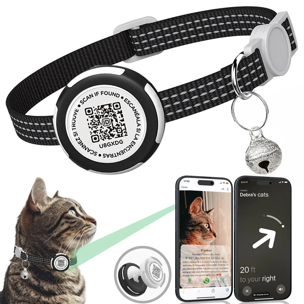 GPS Tracker Cat Collar with Airtag Case & QR ID Tag Dual Protection Reflective Kitten Collar for Cats Gatos Puppy Air Tag Cats