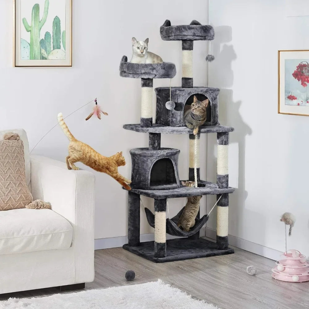 62.2inches Cat Tree Cat Tower Cat Condo with Platform & Hammock, Scratching Posts for Kittens Pet Play House with Plush Perch