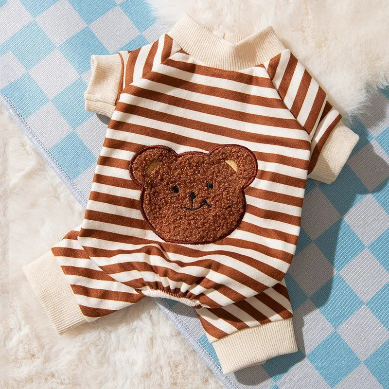 Thin Dog Clothes for Small Dogs Cute Bear Striped Dog Jumpsuit Pet Dog Coat Four Legs Dog Pajamas Kitten Puppy Sweatshirt Autumn