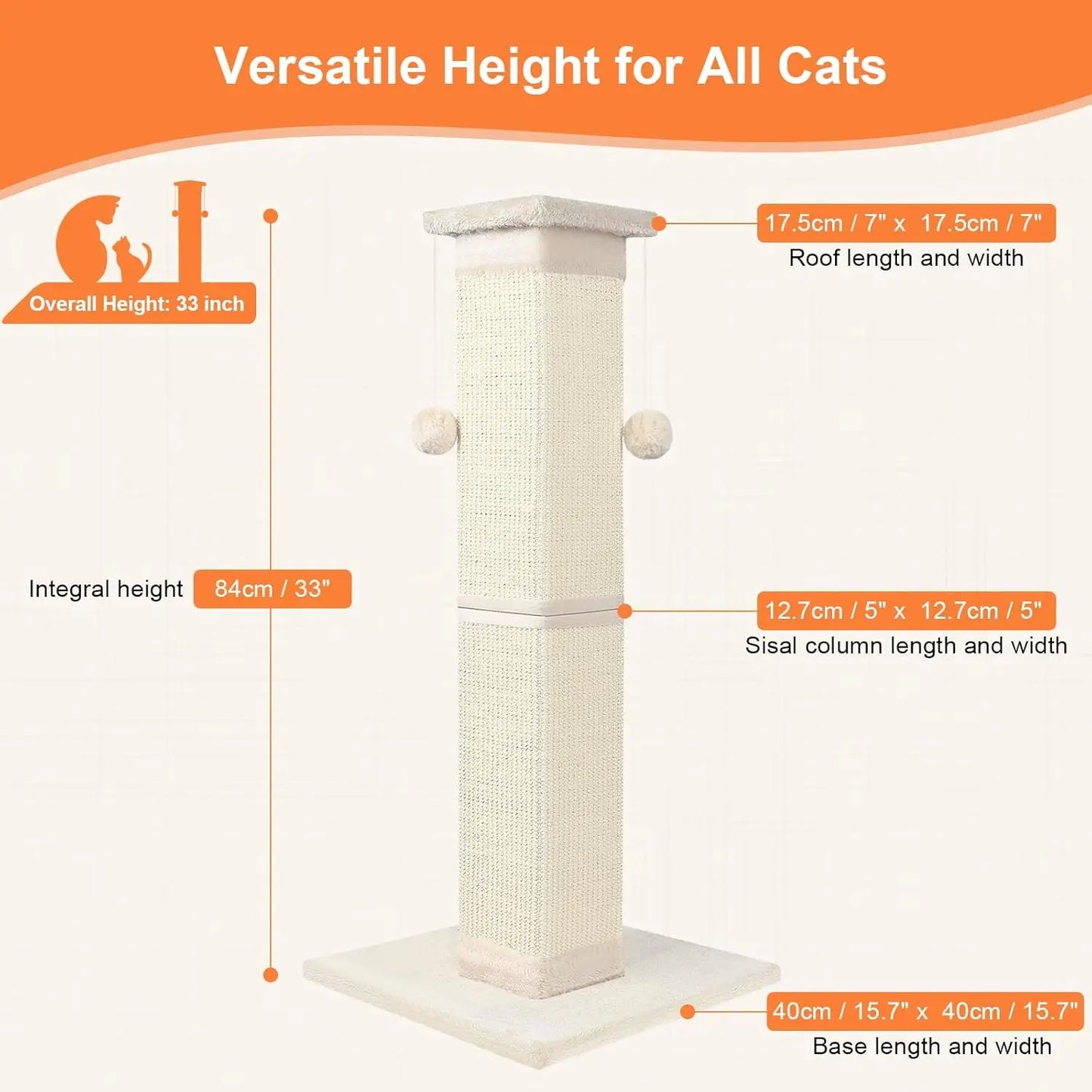 Post 33 Inch Nature Sisal Cat Scratch Post for Indoor Cats, Large Cat Scratcher Protect Your Furniture, for All Breeds