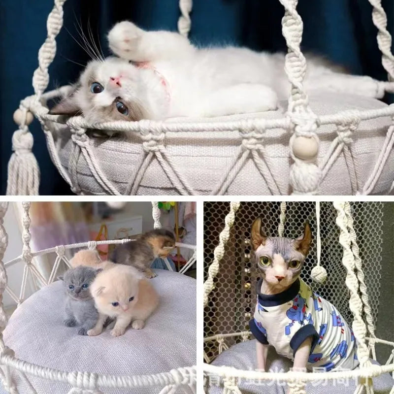 New Pet Hammock Cat Swing Hand Woven Cotton Rope Cats Hanging Basket  Kitten Hanging String Den Indoor Pend Nest Pets Supplies