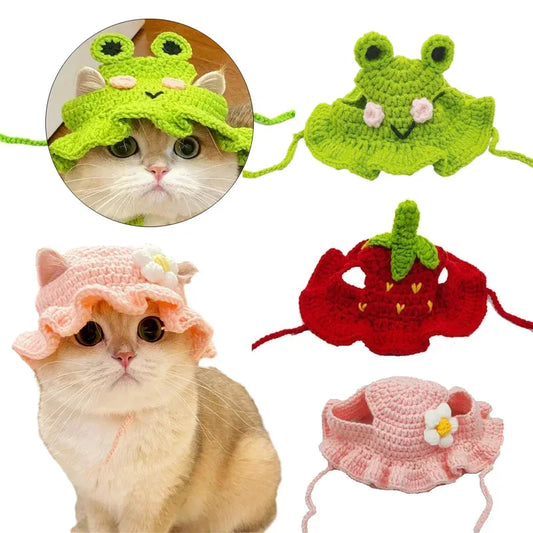 Hand-made Cat Hat Elastic Woven Cap Pet Hat Puppy Kitten Headwear Knitted Hat Party Photo Shoot Props Decoration Cat Accessories