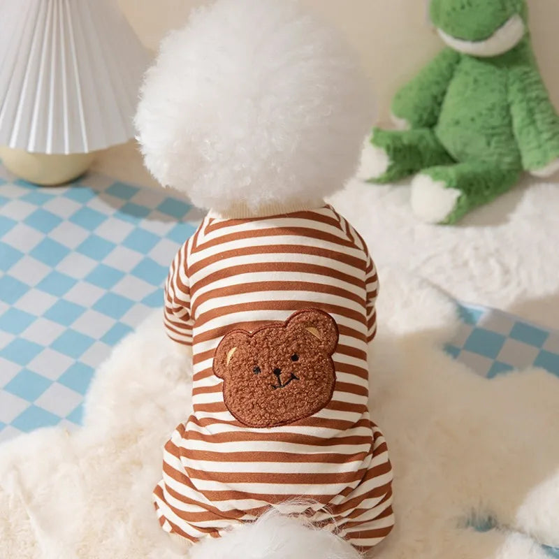 Thin Dog Clothes for Small Dogs Cute Bear Striped Dog Jumpsuit Pet Dog Coat Four Legs Dog Pajamas Kitten Puppy Sweatshirt Autumn