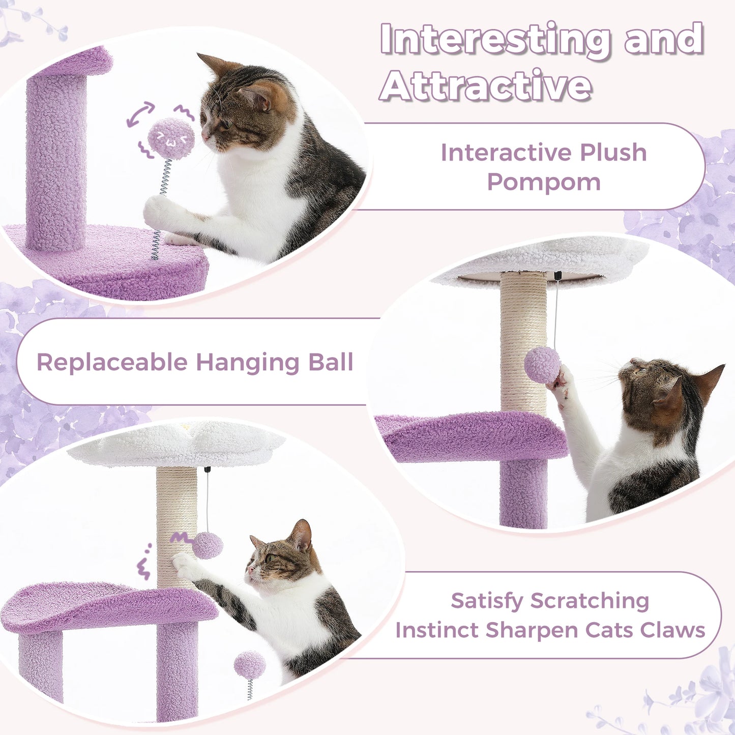 Flower Cat Tree with Large Condo, Cat Tower for Indoor with Sisal Scratching Post, Curved Platform, Perch Condo, H84 cm