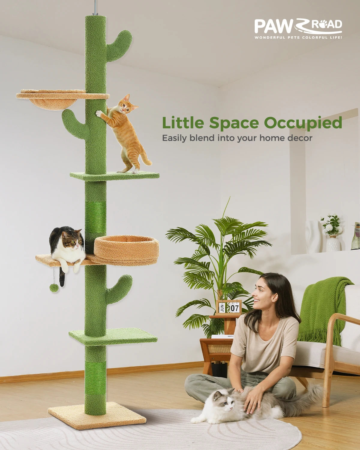 H239-275cm Cactus Cat Tree Floor to Ceiling for Indoor Cat 5-level Adjustable Tall Tower Natural Thicken Scratching Post Hummock