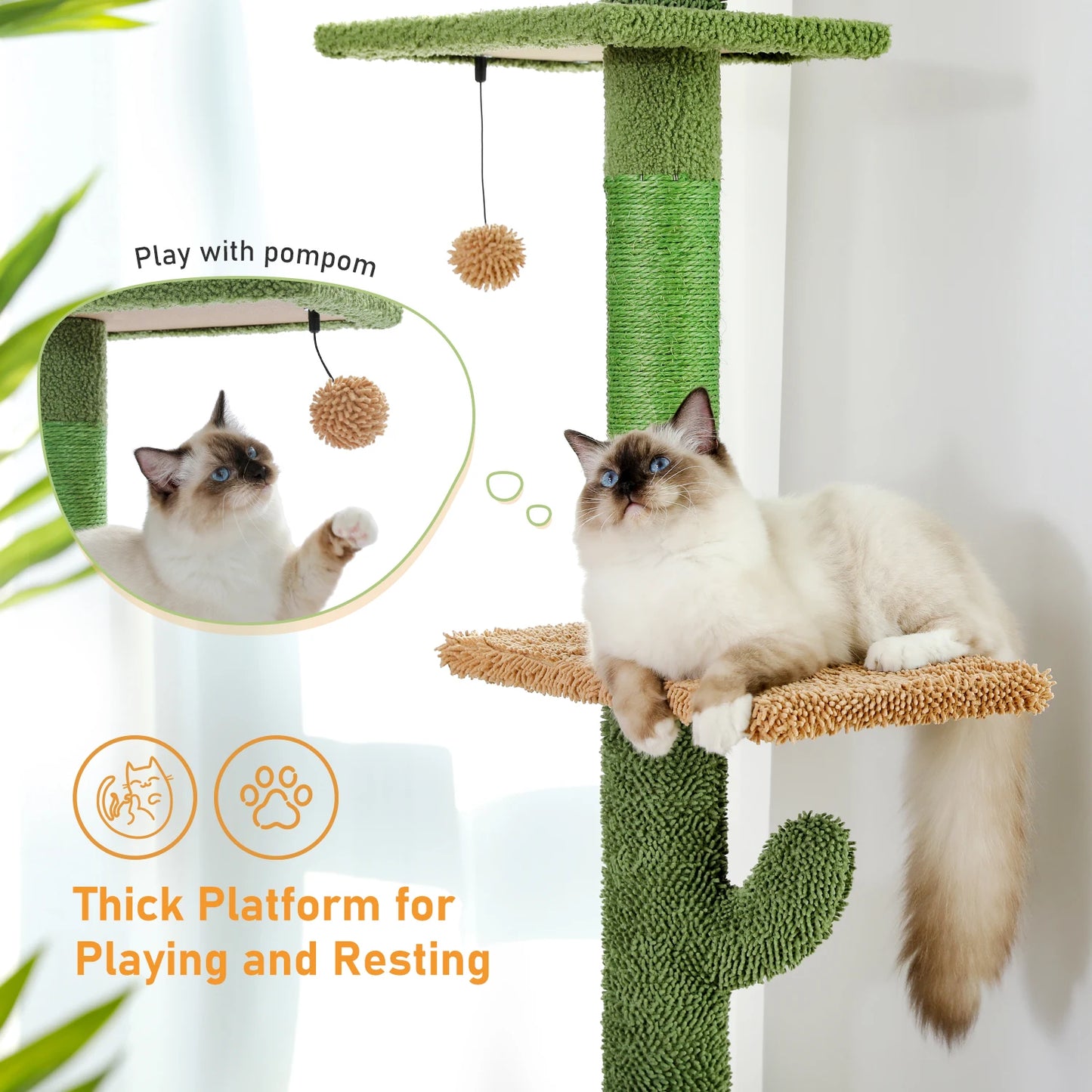 H239-275cm Cactus Cat Tree Floor to Ceiling for Indoor Cat 5-level Adjustable Tall Tower Natural Thicken Scratching Post Hummock