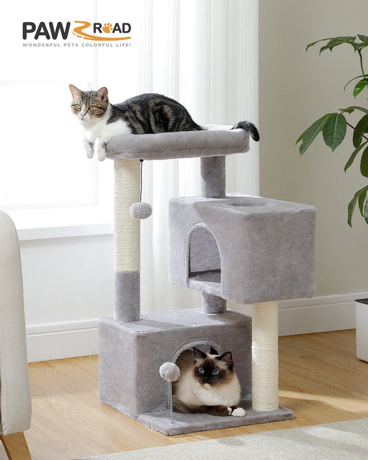 H80CM Cat Tower with Double Condo for Kittens Indoor Large Top Perch 2 Large Cave with Window Sisal Scratching Posts Spring Ball