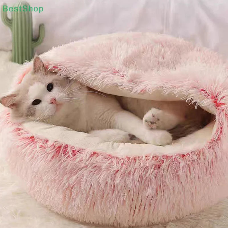 Round Cat Cushion Semi Enclosed Pet Sleep Bags Long Soft Plush 2 in 1 Warms Cats Beds Simple Comfort Warm Puppy Sleeping Nest