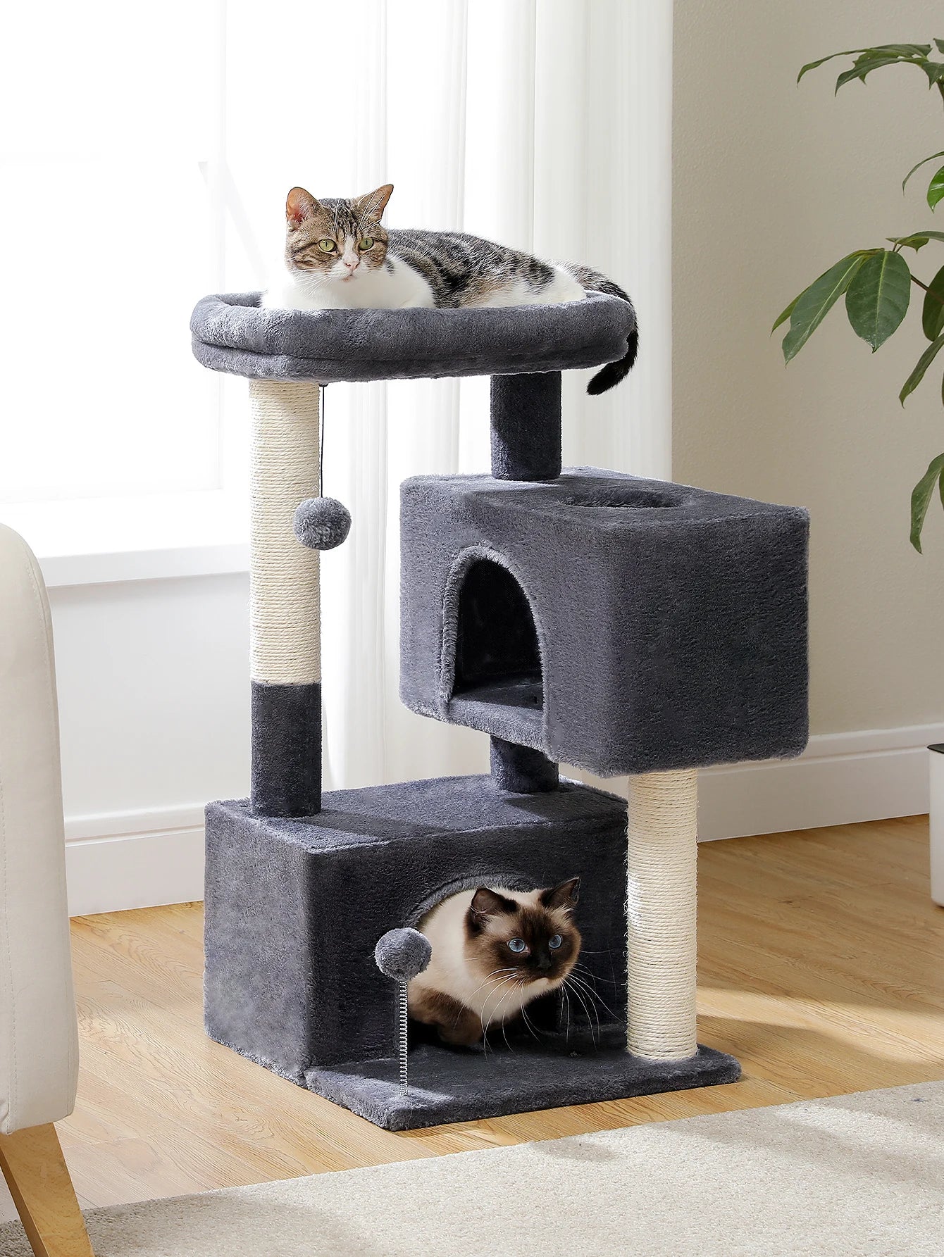 H80CM Cat Tower with Double Condo for Kittens Indoor Large Top Perch 2 Large Cave with Window Sisal Scratching Posts Spring Ball