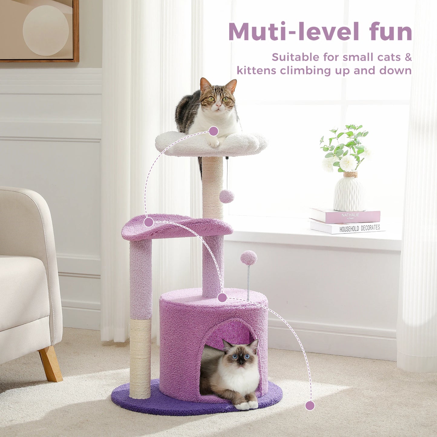 Flower Cat Tree with Large Condo, Cat Tower for Indoor with Sisal Scratching Post, Curved Platform, Perch Condo, H84 cm