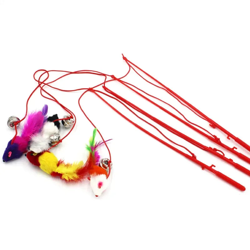 Cat Funny Feather Mouse Stick with Bell Playing Dangle Faux Mice Tease Fun Kitten Rod Toy Interactive Fishing Rod Wand for Cats