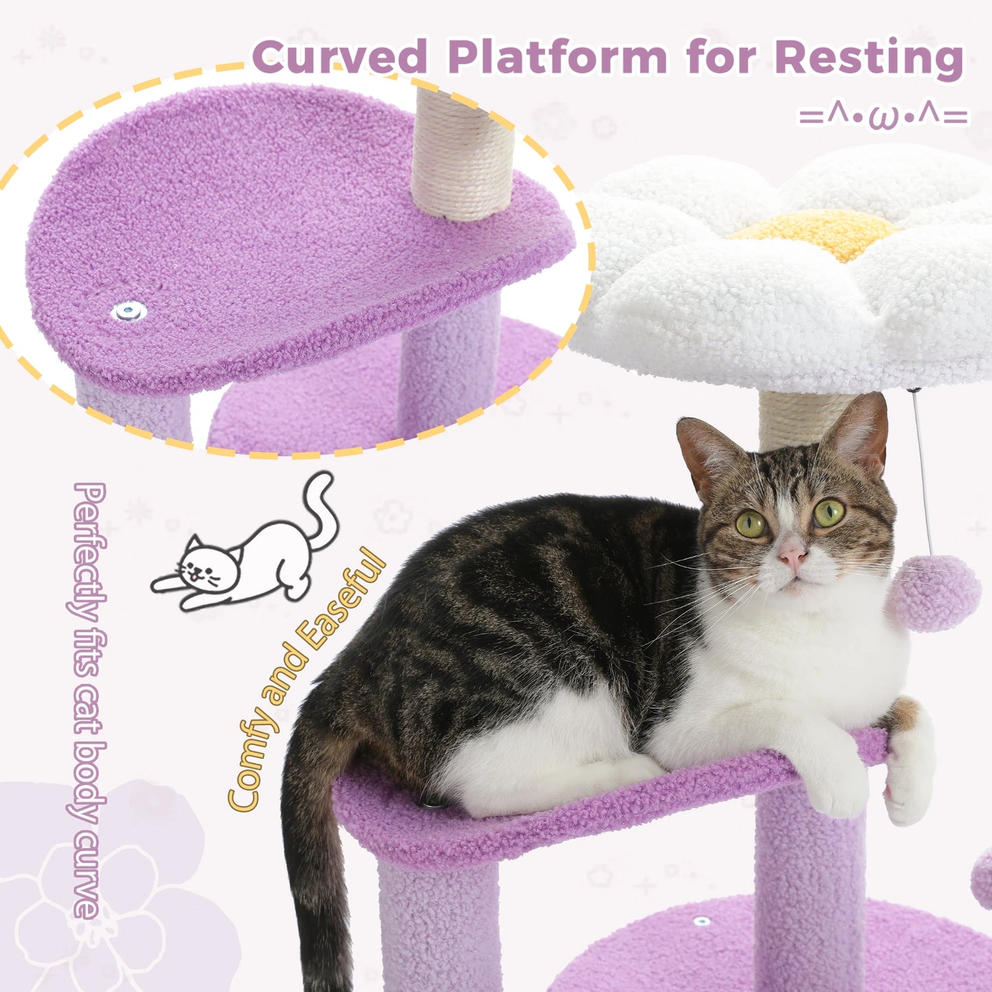 Flower Cat Tree with Large Condo, Cat Tower for Indoor with Sisal Scratching Post, Curved Platform, Perch Condo, H84 cm