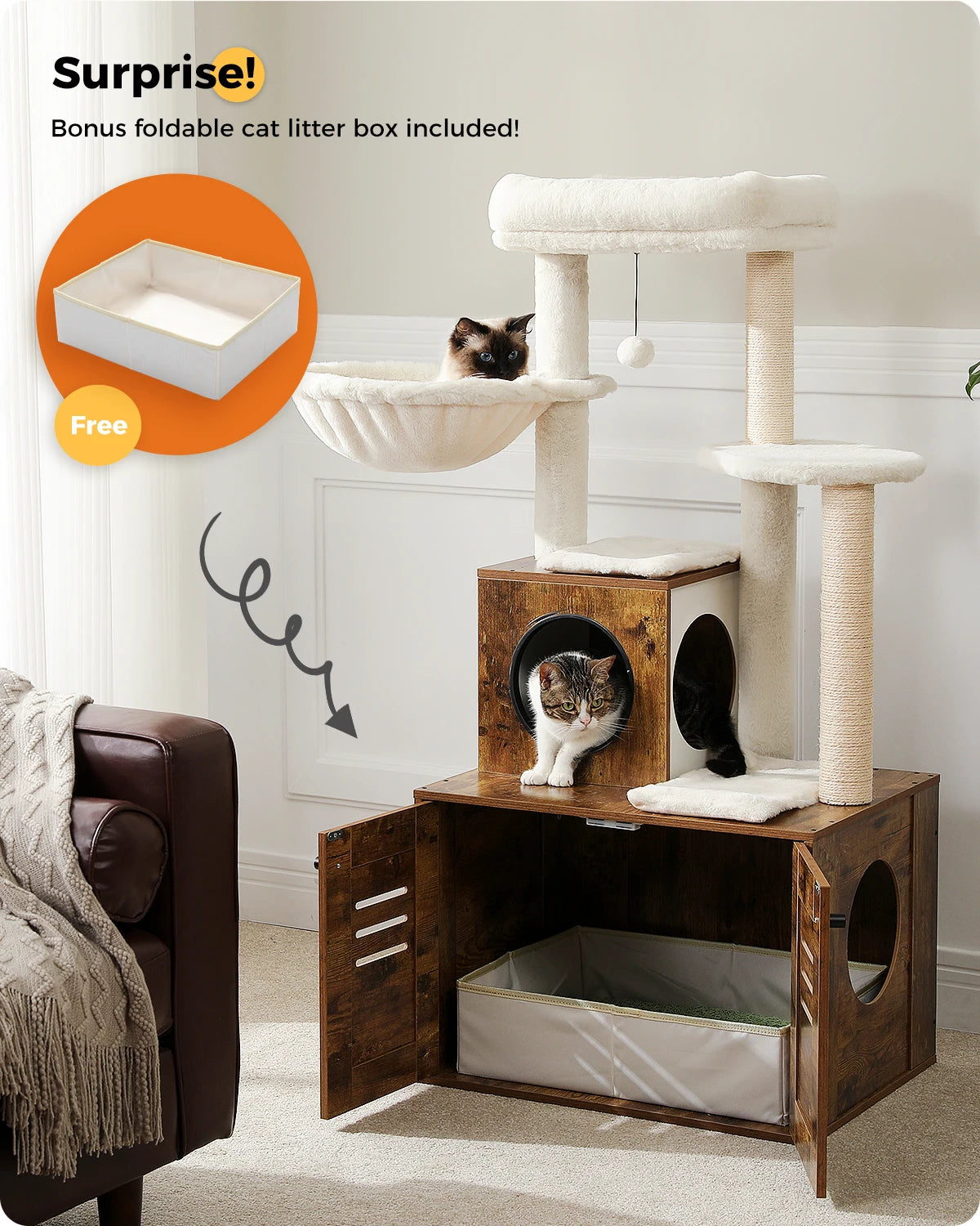 H127CM Modern Cat Tree with Condo Included Cat Litter Box Solid Wood Enclosure Furniture with Large Hammock Top Spacious Perch