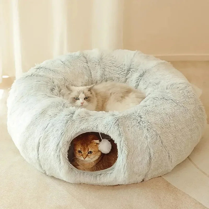 Plush Cat Bed with Tunnel for Indoor Cats Multifunctional Cat Tunnel Bed with Peephole  Fluffy Donut Cat Bed with Tunnel