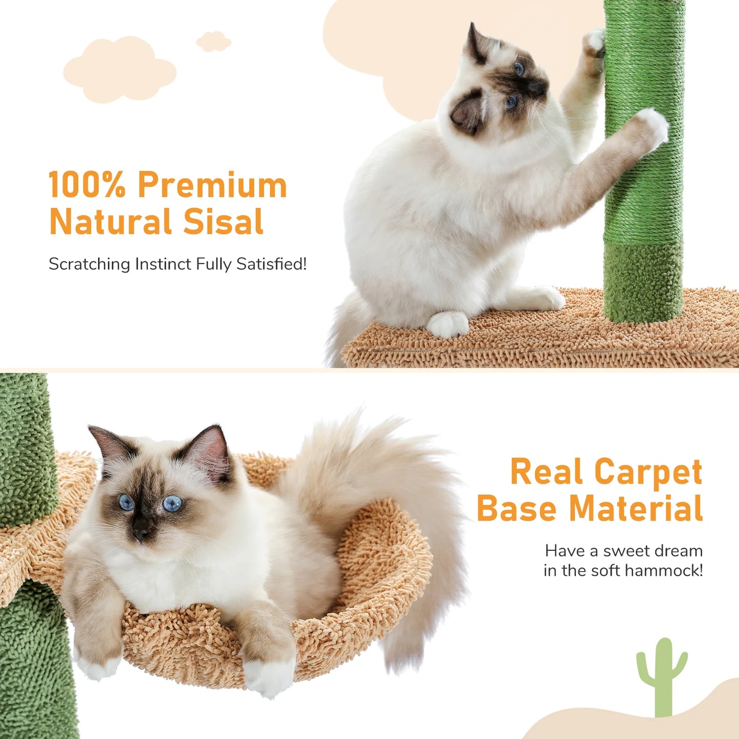 H239-275cm Cactus Cat Tree Floor to Ceiling for Indoor Cat 5-level Adjustable Tall Tower Natural Thicken Scratching Post Hummock