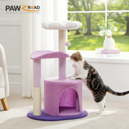 Flower Cat Tree with Large Condo, Cat Tower for Indoor with Sisal Scratching Post, Curved Platform, Perch Condo, H84 cm