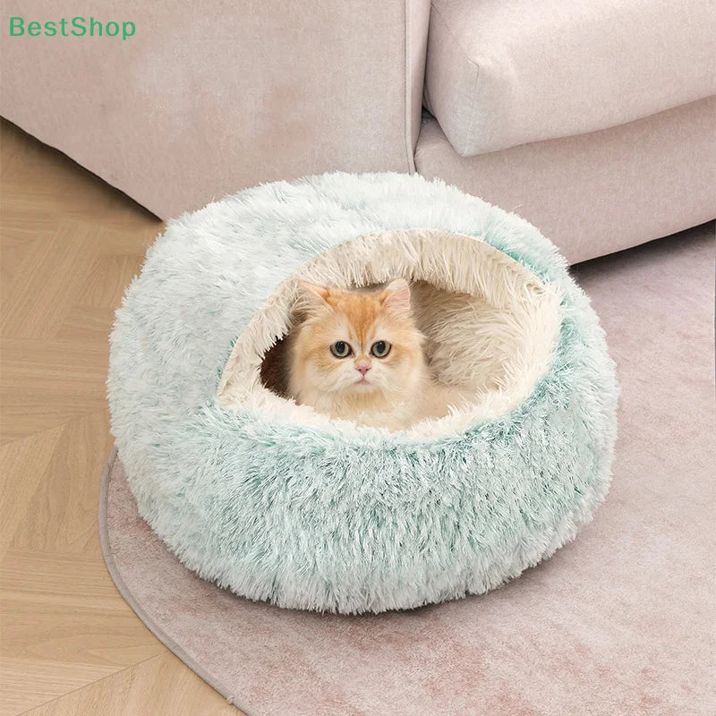 Round Cat Cushion Semi Enclosed Pet Sleep Bags Long Soft Plush 2 in 1 Warms Cats Beds Simple Comfort Warm Puppy Sleeping Nest