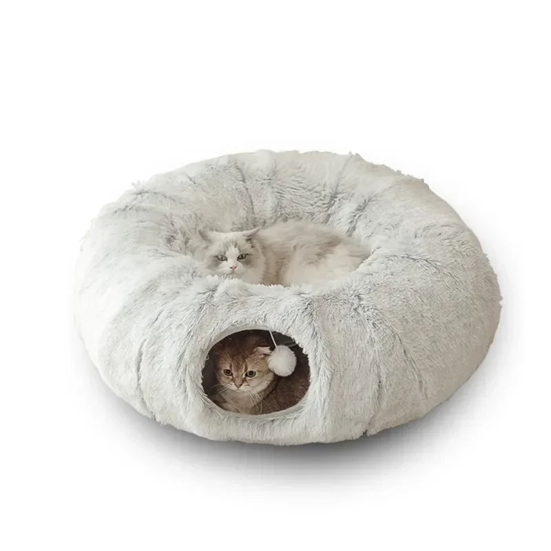 Plush Cat Bed with Tunnel for Indoor Cats Multifunctional Cat Tunnel Bed with Peephole  Fluffy Donut Cat Bed with Tunnel