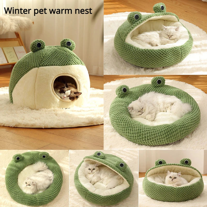 New Pet Nest Winter Warm Dog Den Cat Villa Plush Pets Mattress Small Frog Shape Semi Enclosed Kitten Puppy House Pet Supplies