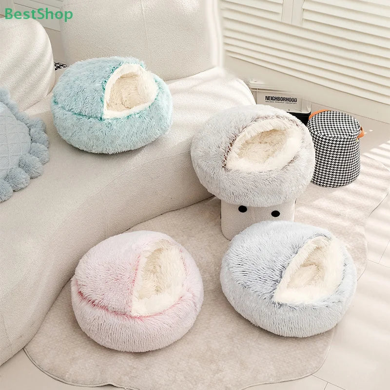 Round Cat Cushion Semi Enclosed Pet Sleep Bags Long Soft Plush 2 in 1 Warms Cats Beds Simple Comfort Warm Puppy Sleeping Nest