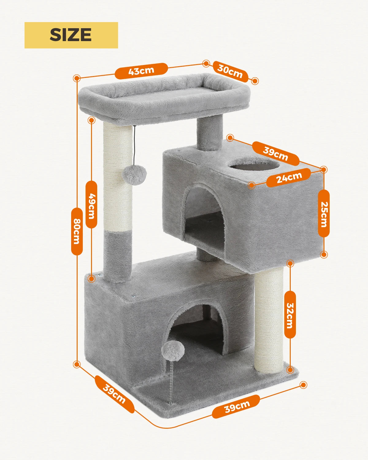 H80CM Cat Tower with Double Condo for Kittens Indoor Large Top Perch 2 Large Cave with Window Sisal Scratching Posts Spring Ball