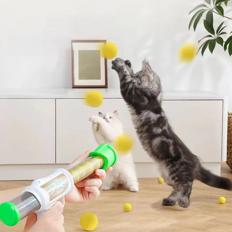 Launch Training Cat Toys Interactive Shooter Gun Teaser Plush Ball Pet Creative Games Stretch Mini Pompoms Kittens Supplies Gato