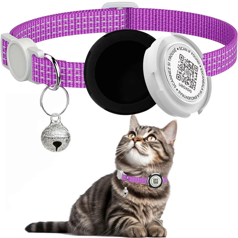 GPS Tracker Cat Collar with Airtag Case & QR ID Tag Dual Protection Reflective Kitten Collar for Cats Gatos Puppy Air Tag Cats