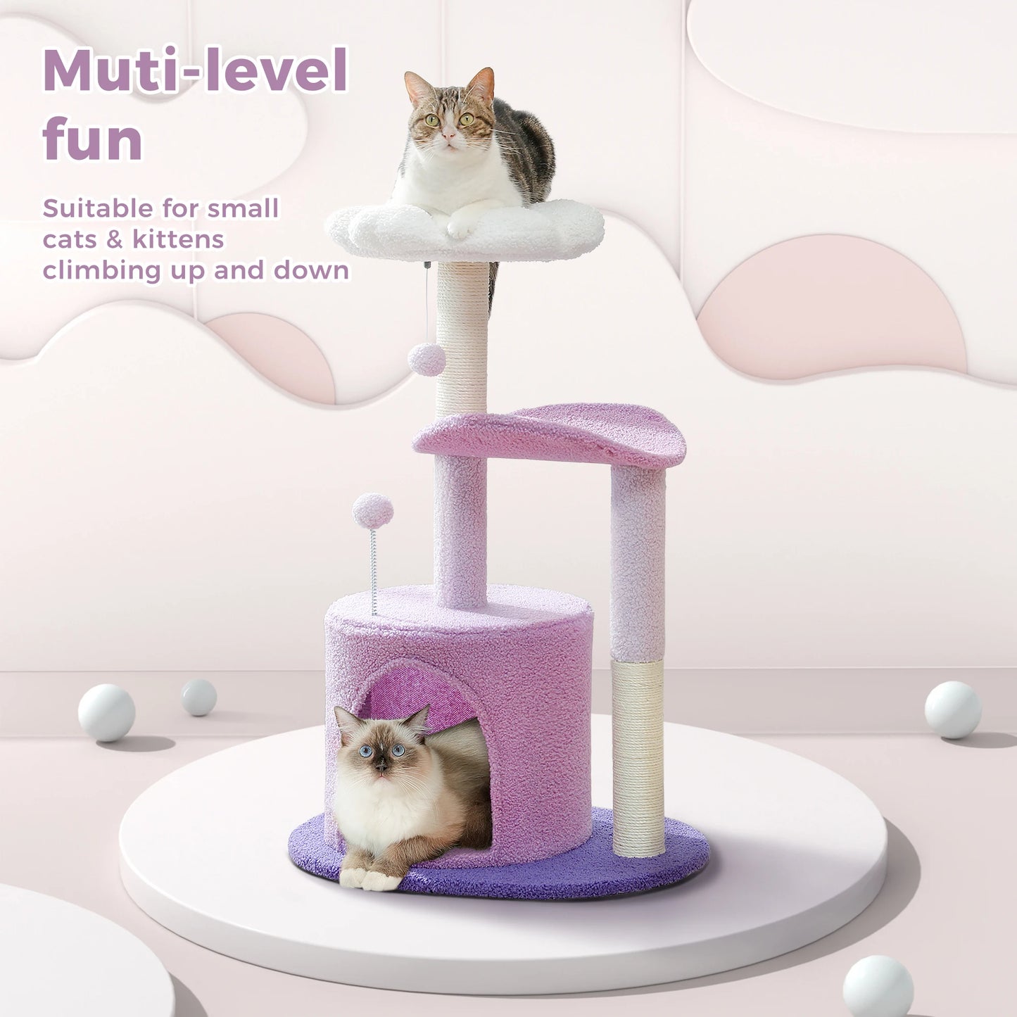 Flower Cat Tree with Large Condo, Cat Tower for Indoor with Sisal Scratching Post, Curved Platform, Perch Condo, H84 cm