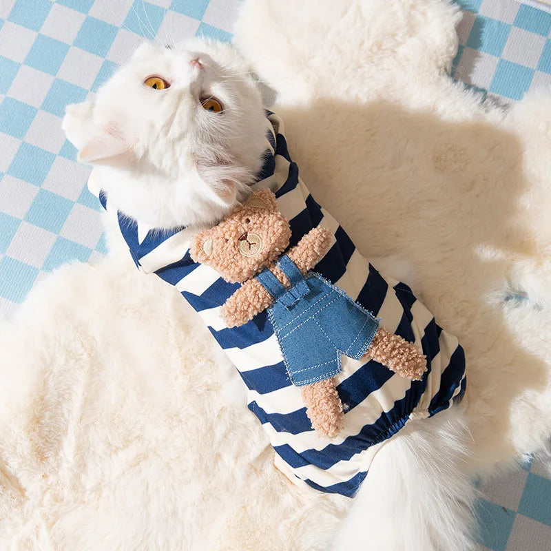 Thin Dog Clothes for Small Dogs Cute Bear Striped Dog Jumpsuit Pet Dog Coat Four Legs Dog Pajamas Kitten Puppy Sweatshirt Autumn