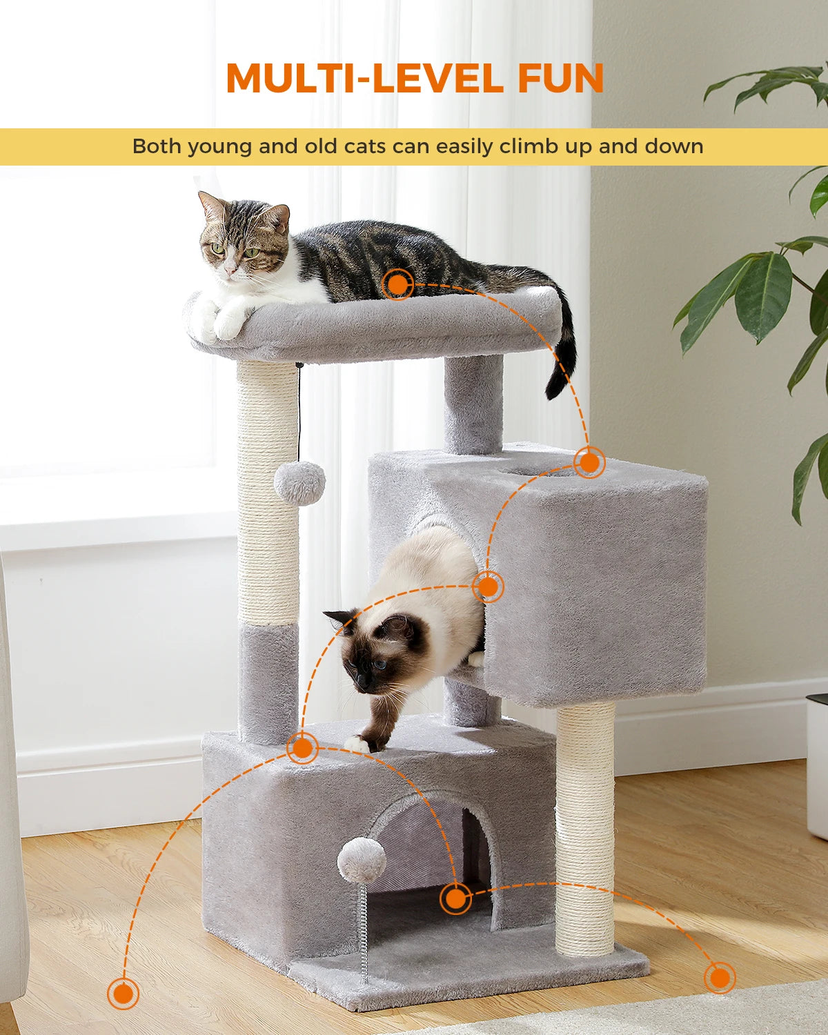 H80CM Cat Tower with Double Condo for Kittens Indoor Large Top Perch 2 Large Cave with Window Sisal Scratching Posts Spring Ball