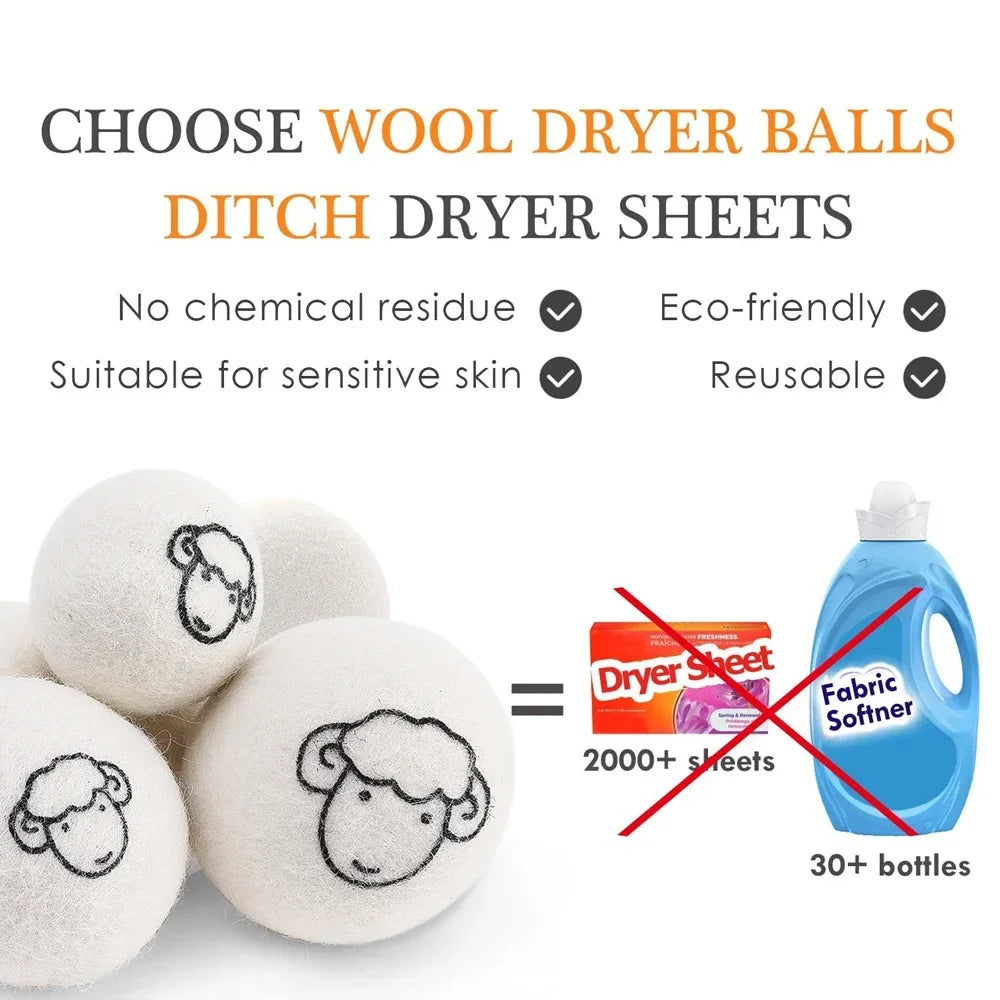 6Pcs Reusable Wool Dryer Balls Clothes Softener Laundry Fleece Dryer Ball Kit Home Clothes Dryer Washing Machine 3/4/5/6/7cm