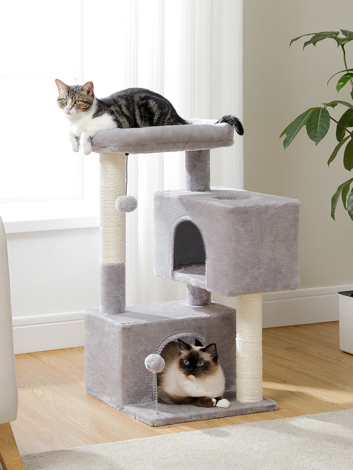 H80CM Cat Tower with Double Condo for Kittens Indoor Large Top Perch 2 Large Cave with Window Sisal Scratching Posts Spring Ball