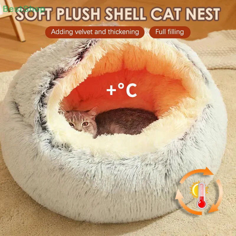 Round Cat Cushion Semi Enclosed Pet Sleep Bags Long Soft Plush 2 in 1 Warms Cats Beds Simple Comfort Warm Puppy Sleeping Nest